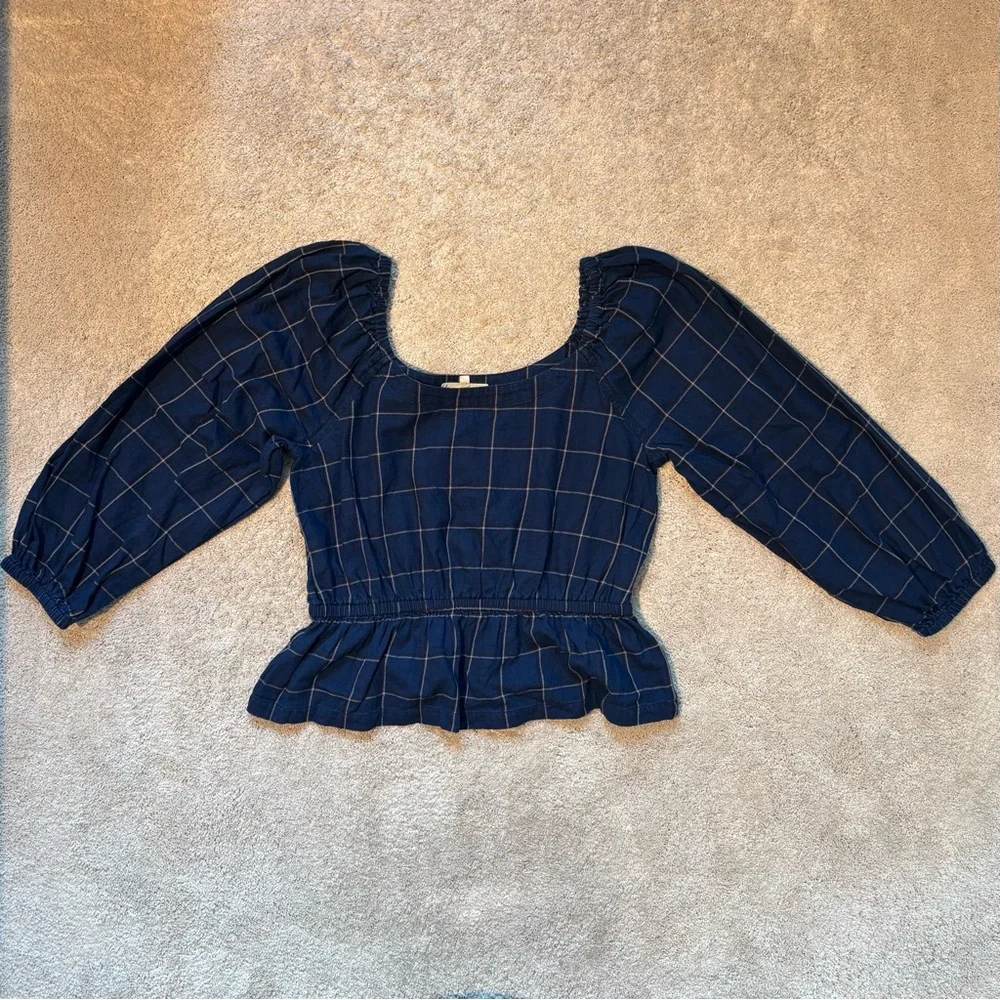 Madewell Navy Plaid Peplum Blouse | Puff Sleeve Square Neck Top | Size Large